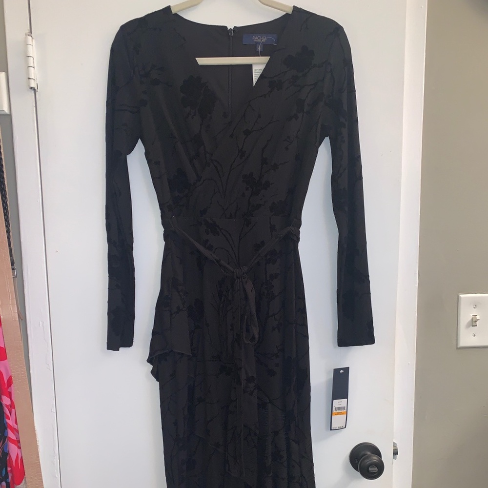 RACHEL Roy long black velvet Dress, Velour flowers, SMALL, long sleeve, holiday - Picture 5 of 6